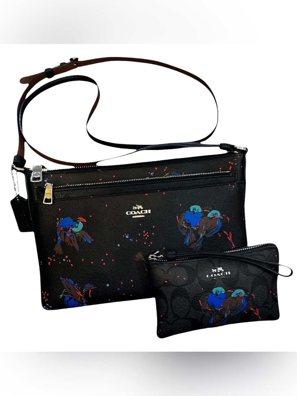COACH Bird Print East/West Pop-up Crossbody w/Matching Wristlet